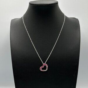 JCM Necklace Heart Pendant Brass Silver Tone Pink Stones Open Design 18"